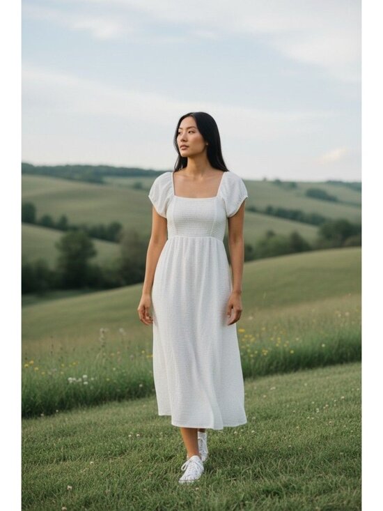 Almost Famous Dresses & Skirts - Almost Famous Midi/Maxi Dress Large White Side Slit Puff Sleeve Lined NWT